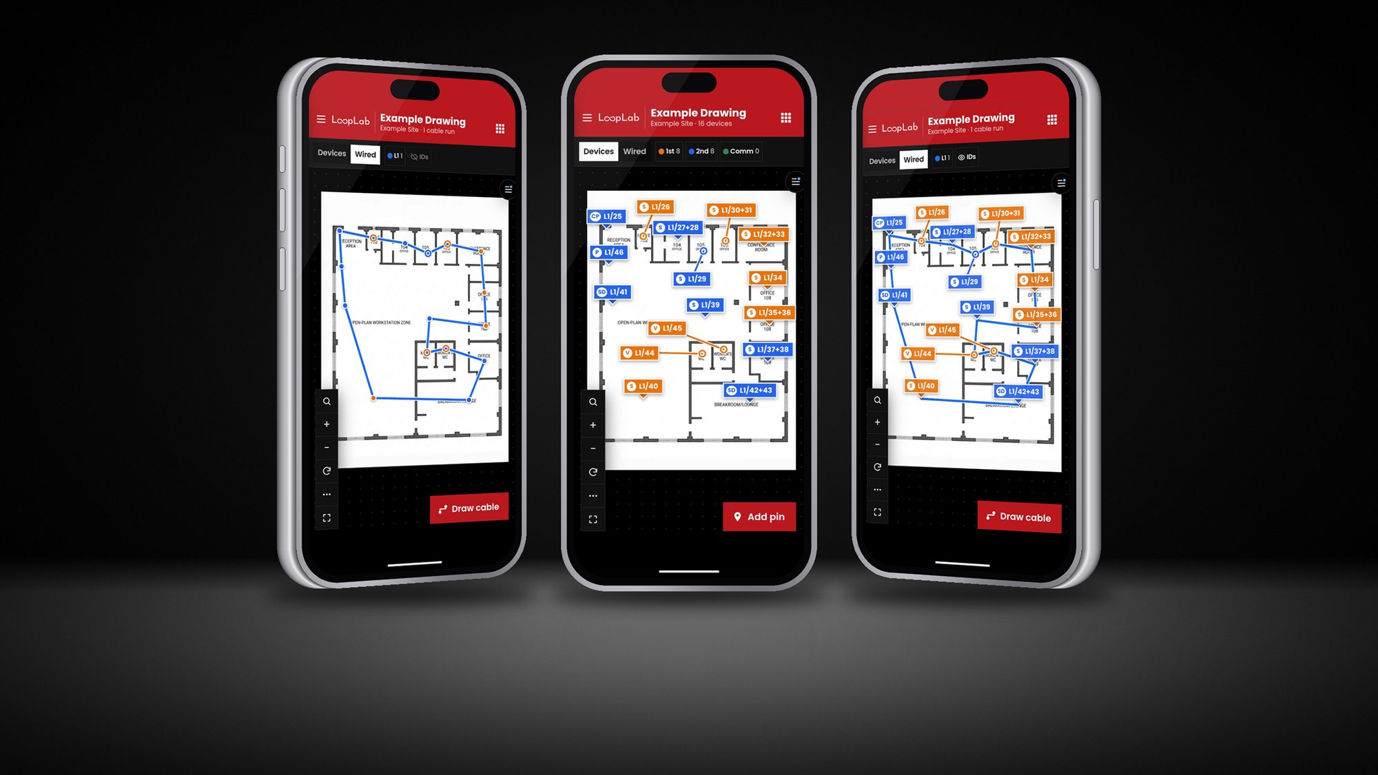 LoopLab on three phones: devices, statuses and cable runs on a floor plan