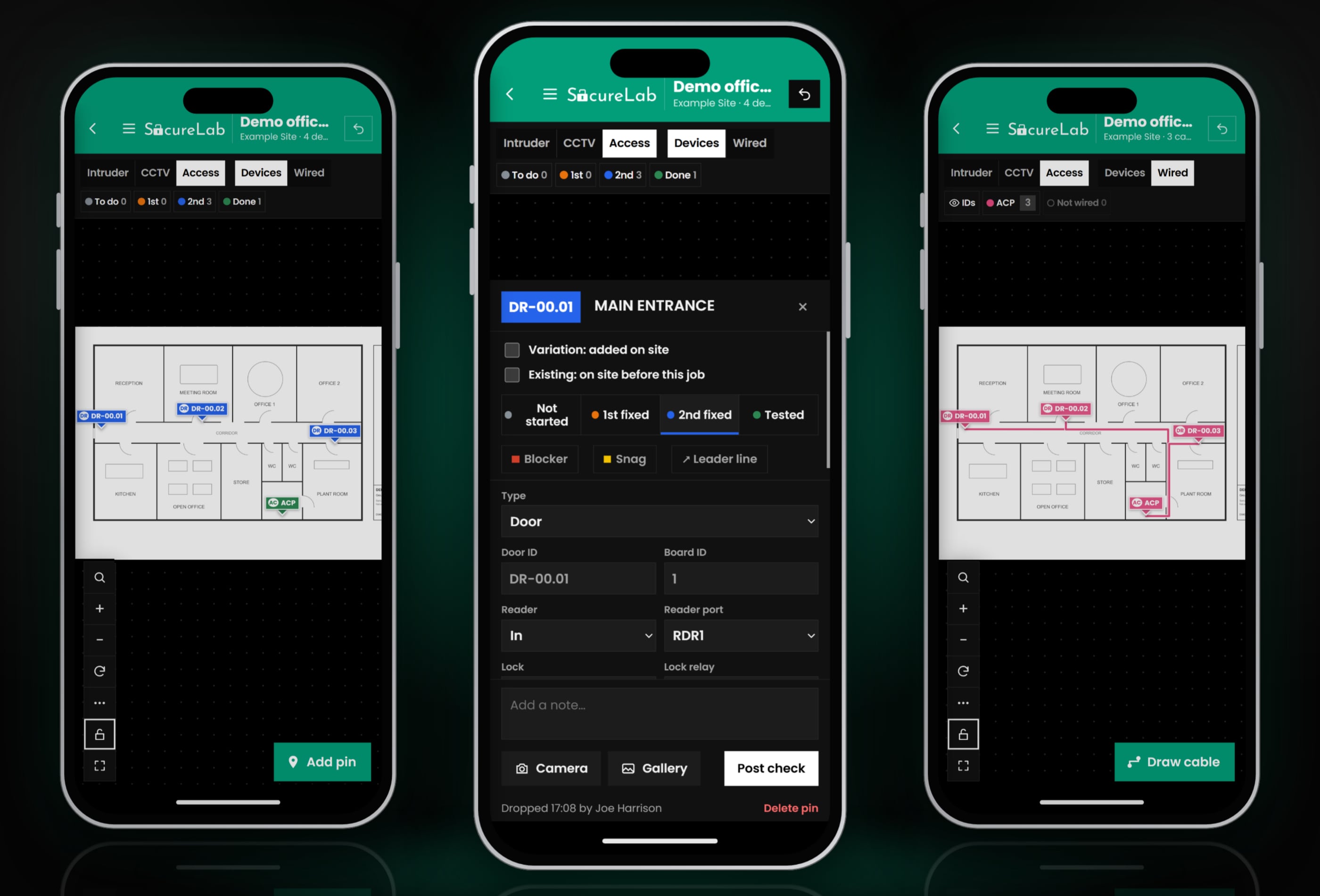 SecureLab Access Control on three phones: doors on a floor plan, a door's details, and the lines back to the controller