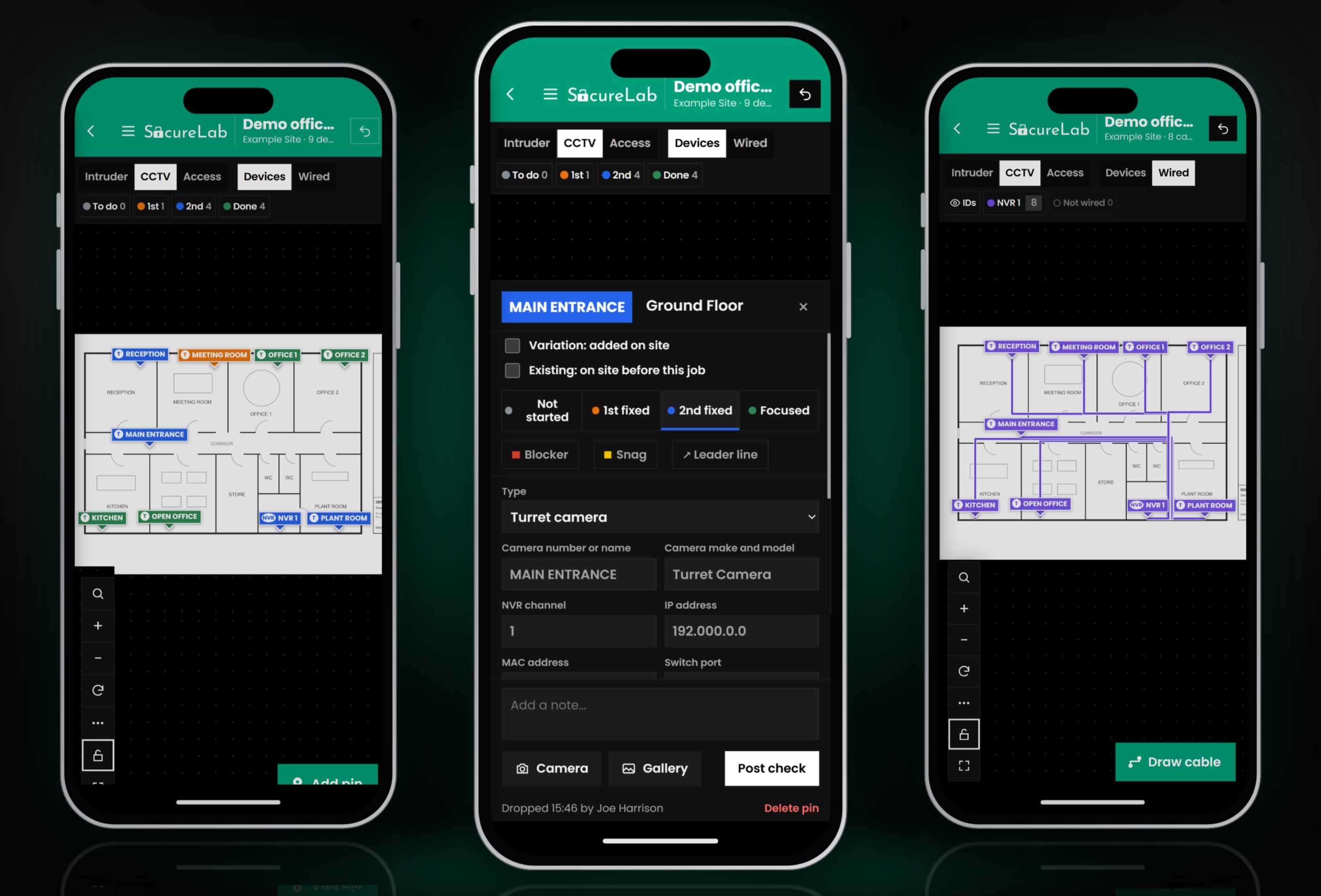 SecureLab CCTV on three phones: cameras on a floor plan, a camera's details, and the lines back to the NVR