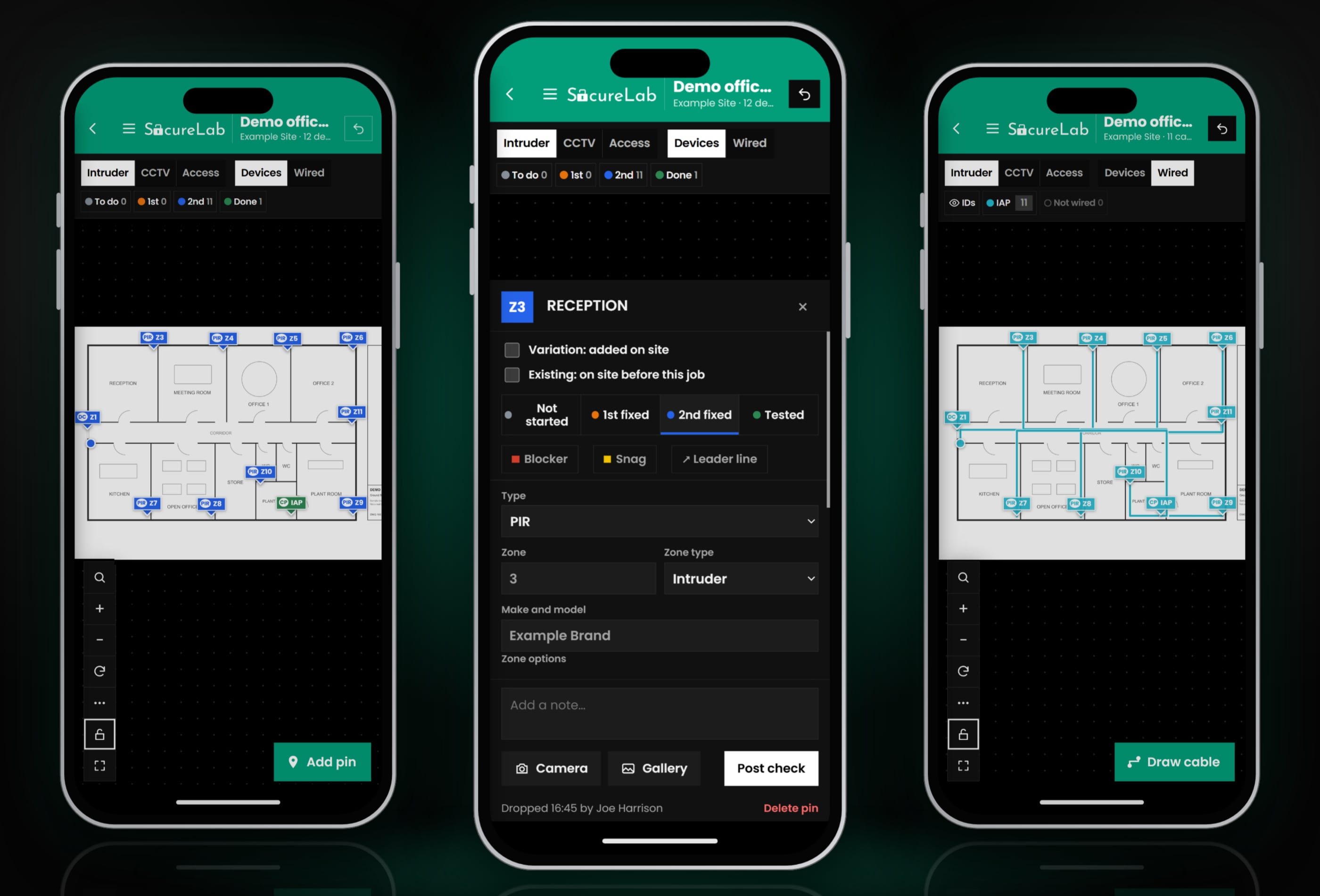 SecureLab Intruder Alarm on three phones: zones on a floor plan, a detector's details, and the lines back to the panel